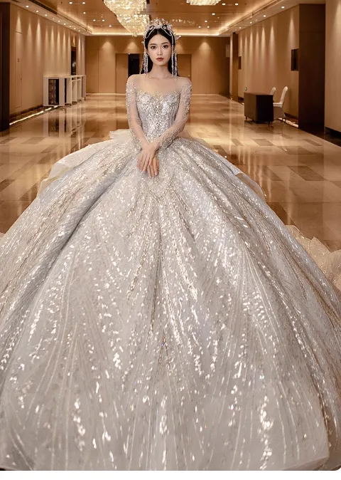 Princess Bridal Dress Ball Gown Off-the-shoulder Tulle Sequins White Beads Long Wedding Dress Modest Long Sleeve Bridal Gowns HZ1121