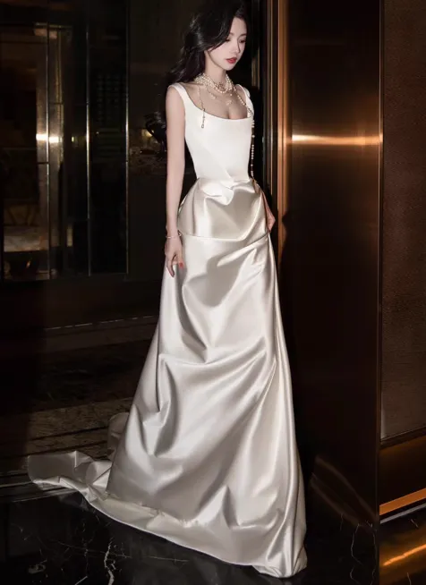 Modest Sheath Square Neck Long Evening Gowns White Satin Special Formal Dresses Prom Dresses HZ1121