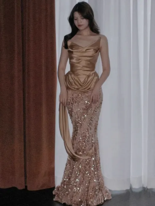Elegant Mermaid Strapless Long Evening Gowns Champagne Sequin Satin Special Formal Dresses Prom Dresses HZ1121