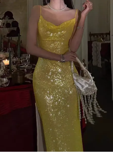 Elegant Sheath Spaghetti Strap Long Evening Gowns Yellow Sequins Special Formal Dresses Slit Prom Dresses HZ1121