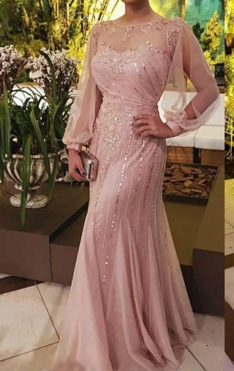 Elegant Mermaid Round Neck Mother of Bride Dress Tulle Sequin Long Sleeve Evening Gown Floor Length For Summer Guest Outfit HZ1121