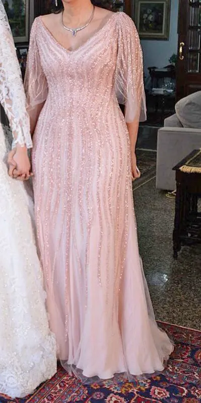 Elegant Sheath V-neck Mother of Bride Dress Tulle Sequin Evening Gown Floor Length For Summer Guest Outfit HZ1121