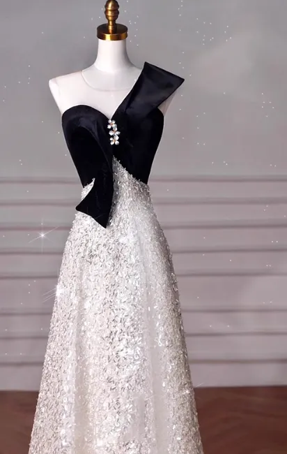 Elegant A-Line One Shoulder Evening Gown Black Sparkly Formal Dress Sequin Long Prom Dresses HZ1121