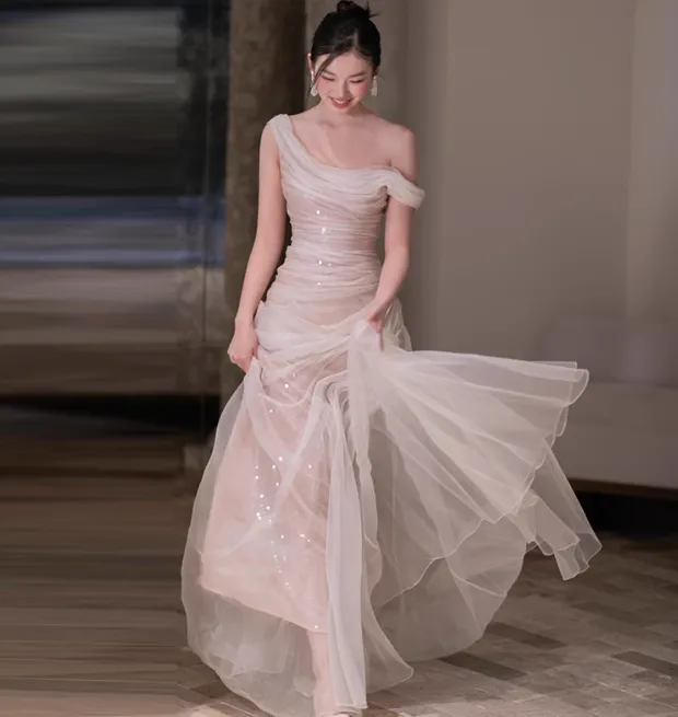 Elegant Sheath Off-the-shoulder Evening Gown Tulle Modest Formal Dress Long Prom Dresses HZ1121