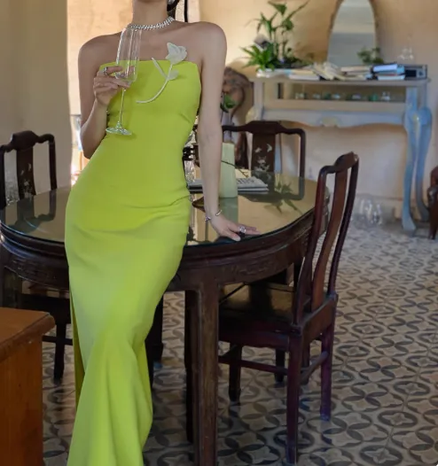 Stunning Sheath Strapless Evening Gown Satin Green Modest Formal Dress Party Dress HZ1121