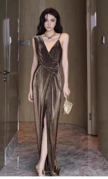 Modest Sheath Spaghetti Strap Long Evening Gown Brown Velvet Formal Dress Elegant Slit Prom Dress HZ1121