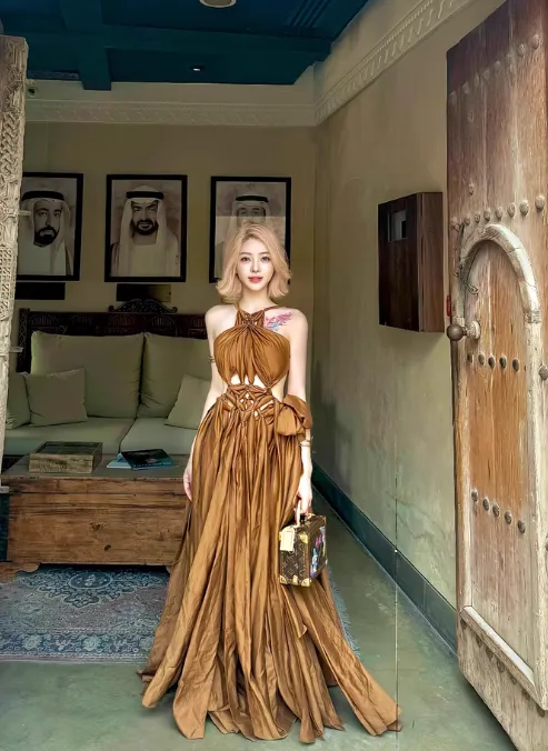Modest Halter Backless Ball Gown Long Evening Gown Brown Formal Dress HZ1121