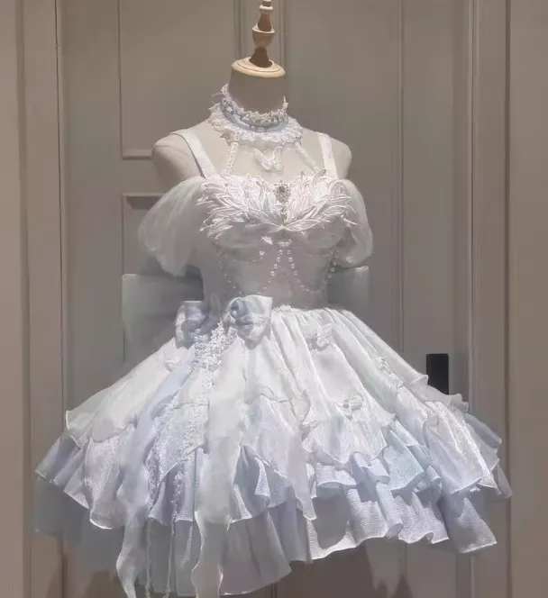 Vintage White Ball Gown Spaghetti Strap Chiffon Applique 22nd Birthday Dress Lolita Dress Cute Lolita Outfits HZ1121