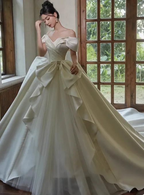Modest Ball Gown Off-the-shoulder Bridal Dress White Satin Tulle Long Wedding Dress Elegant Lace Applique Bridal Gowns HZ1121
