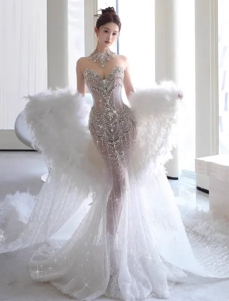 Elegant Sweetheart Neck Mermaid Wedding Dress Tulle Beading Bridal Dress Glamour Trailing Bridal Gowns HZ1121