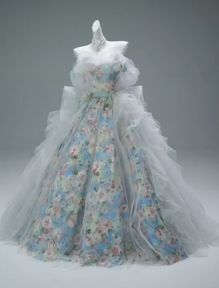 Elegant Ball Gown Off-the-shoulder Light Grey Tulle Beaded Print Long Quinceanera Dress Formal Gowns Vestido De 15 Anos Sweet 16 Dress HZ1121