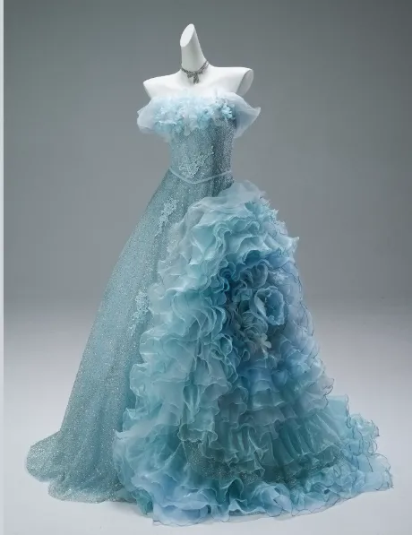 Stunning Off-the-Shoulder Ball Gown Tiered Sequined Mesh Flower Long Quinceanera Dress Blue Formal Gowns Vestido De 15 Anos Sweet 16 Dress HZ1121