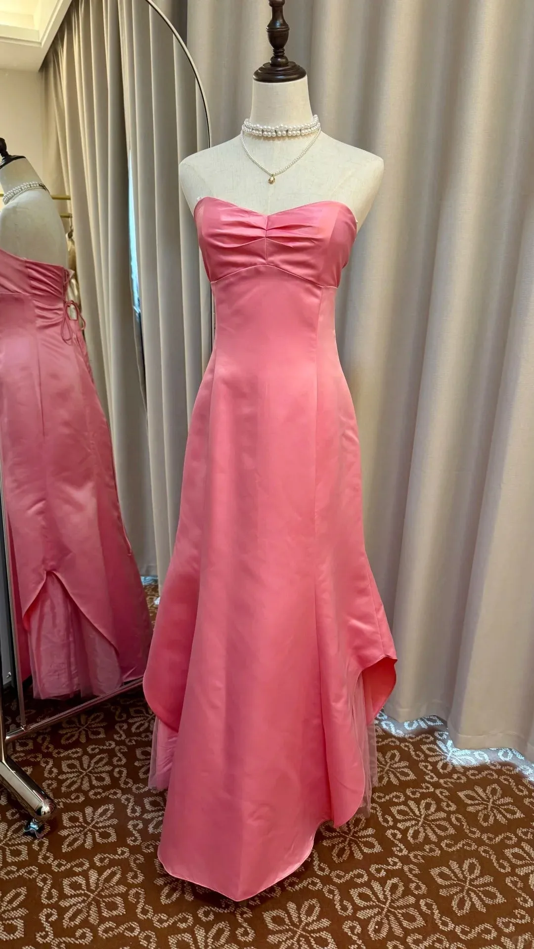Elegant Empire Dress Long Evening Dress Satin Modest Birthday Party Dress Strapless Hot Pink Formal Dress HZ1121