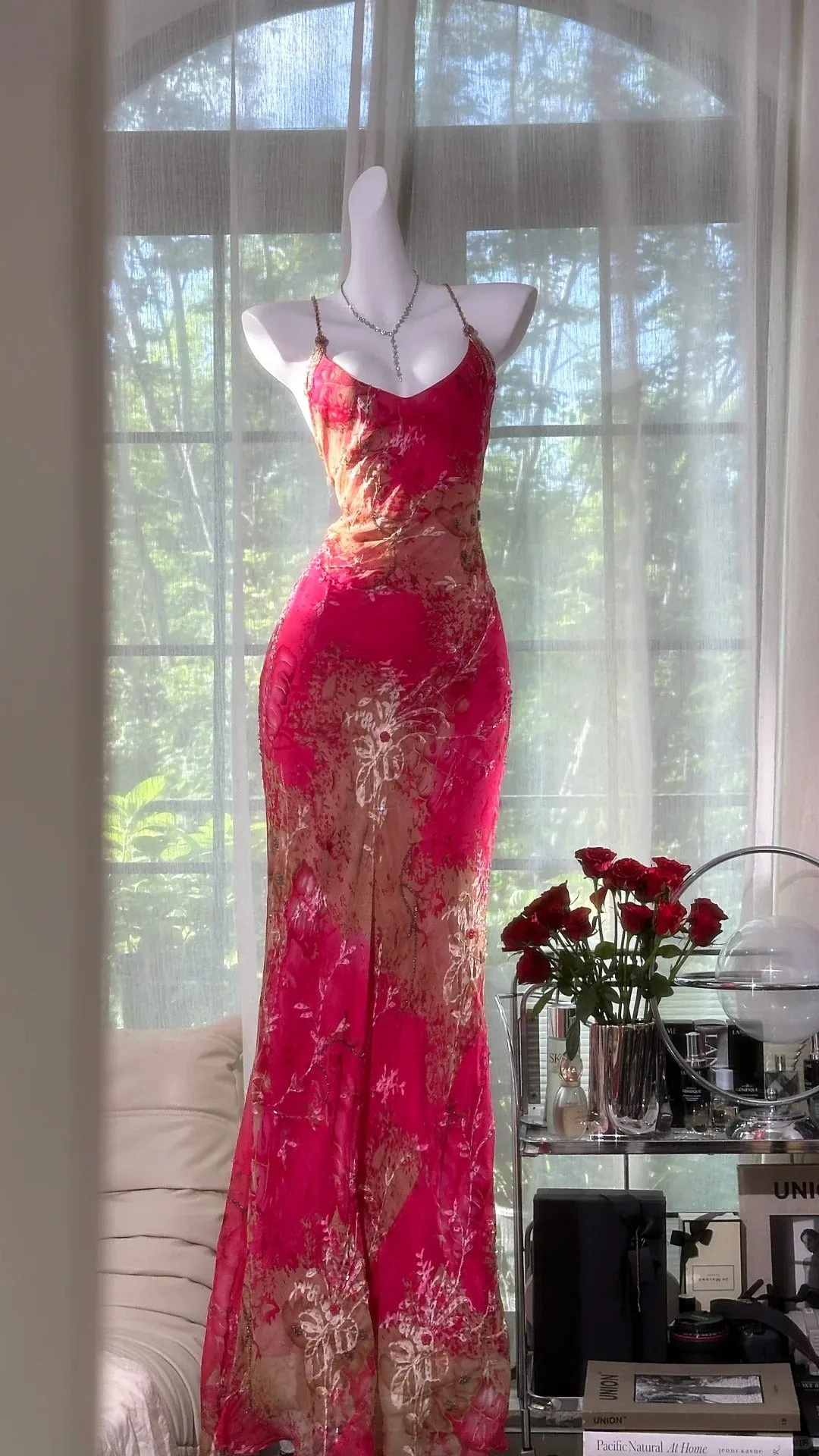 Vintage Red Sheath Long Prom Dress Floral Chiffon Spaghetti Strap Backless Formal Dress HZ1121