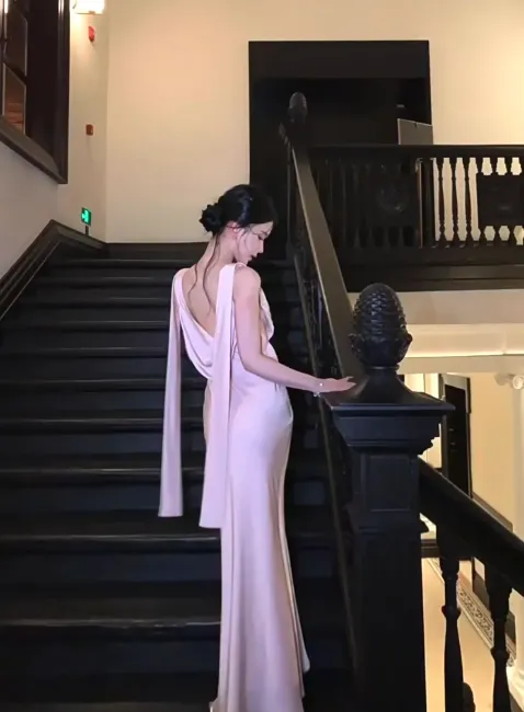 Elegant V-neck Mermaid Satin Long Formal Evening Dress Sexy Pink Graduation Dress HZ1121