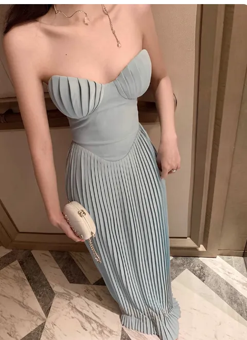 Sexy Sheath Evening Dresses, Chiffon Pleated Formal Dresses Blue Sleeveless Guest Dresses HZ1121