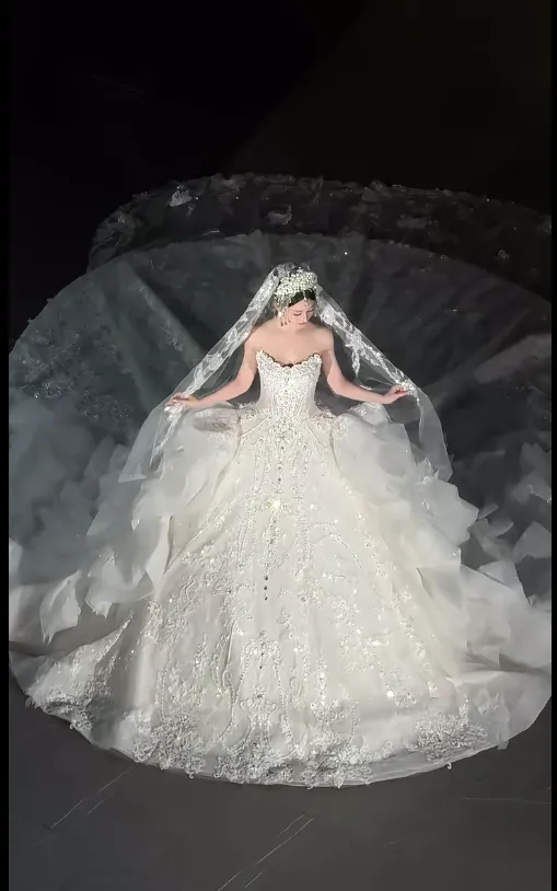 Elegant Strapless Ball Gown Tulle Beaded Wedding Dress, White Bridal Gowns HZ1121