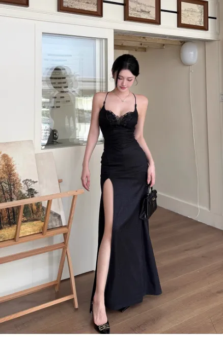 Spaghetti Strap Sheath Satin Long Prom Dresses Elegant Black Formal Evening Dress with Slits HZ1121