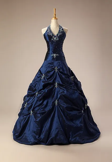 Elegant Halter Ball Gown Taffeta Long Prom Dresses, Navy Quinceanera Dresses Sweet 16 Dress HZ1121