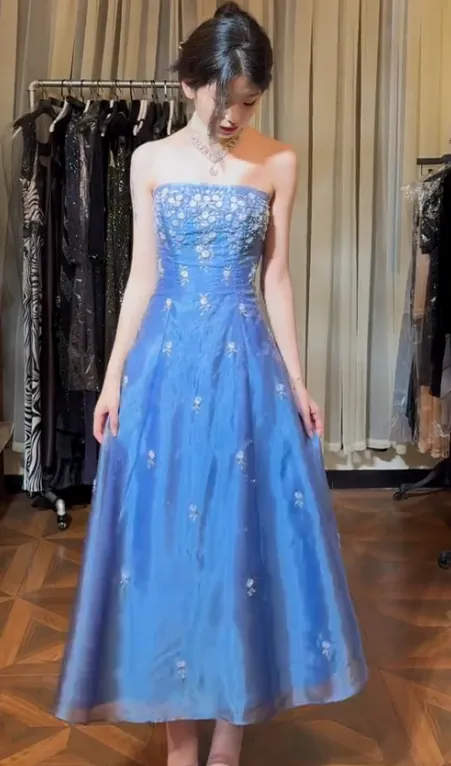 Modest Strapless A-line Chiffon Long Prom Dresses, Vintage Blue Formal Evening Dresses HZ1121