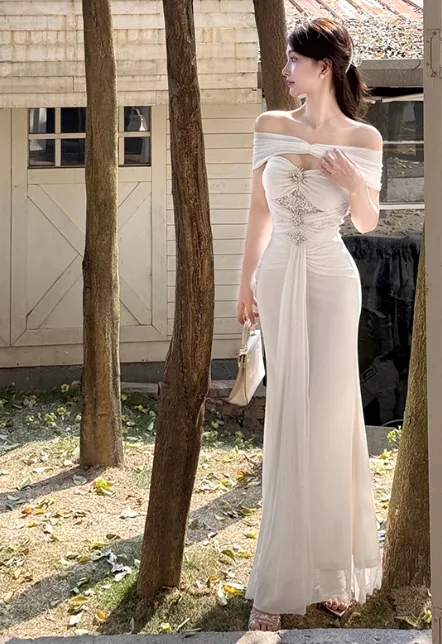 Elegant Off-the-shoulder Mermaid Chiffon Long Prom Dresses, White Formal Evening Gowns HZ1121