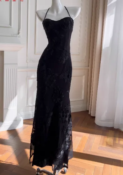 Elegant Spaghetti-Strap Sheath Chiffon Appliqu??|d Long Prom Dresses, Black Formal Evening Dresses HZ1121