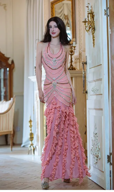Elegant Halter Mermaid Chiffon Beaded Long Prom Dresses, Pink Formal Evening Dresses HZ1121