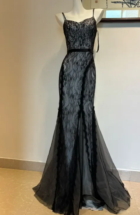 Chic Spaghetti Strap Mermaid Lace Long Prom Dresses, Black Formal Evening Dresses HZ1121