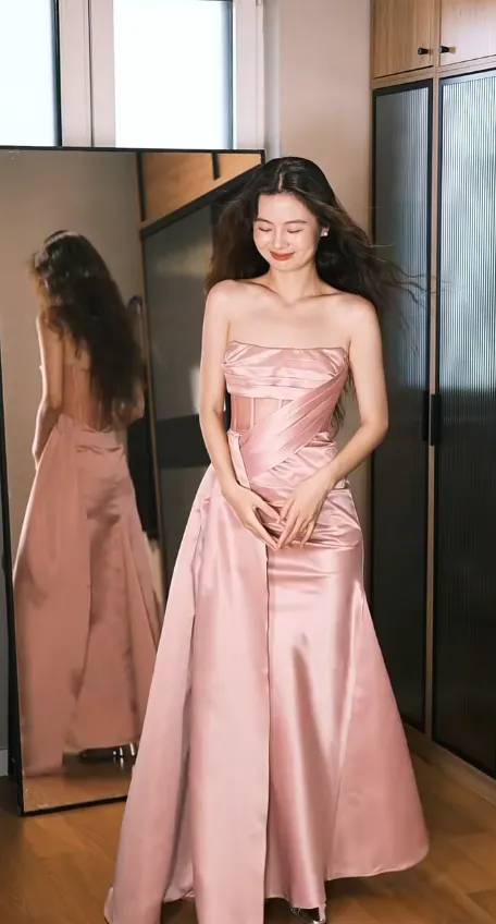 Elegant Strapless Sheath Satin Long Prom Dresses, Pink Formal Evening Dresses HZ1121