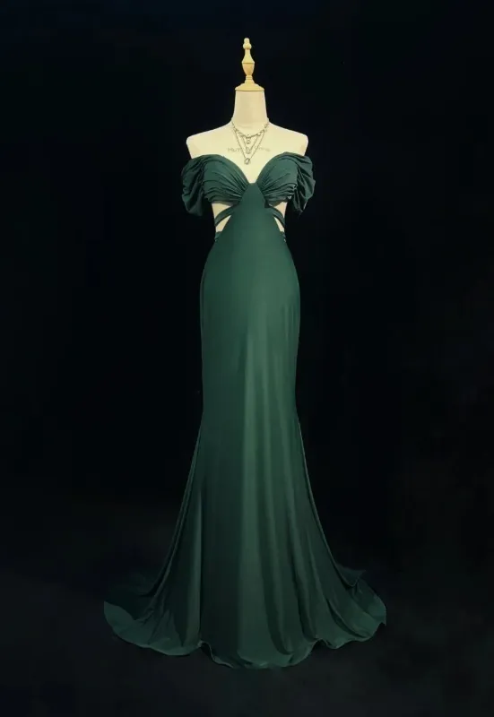 Vintage Off-the-shoulder Mermaid Chiffon Long Prom Dresses, Dark Green Formal Evening Dresses HZ1121