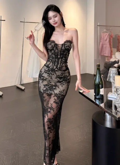 Elegant Strapless Sheath Lace Long Prom Dresses, Black Evening Dresses HZ1121