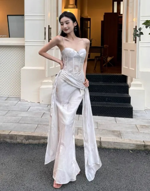 Elegant Spaghetti Straps Mermaid Chiffon Long Prom Dresses, White Evening Dresses HZ1121