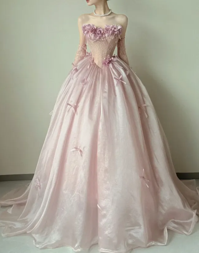 Elegant Strapless Ball Gown Tulle Long Prom Dresses, Pink Formal Evening Dresses HZ1121