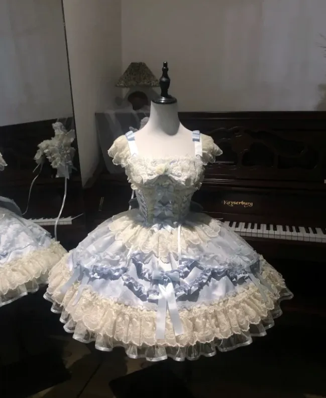 Cute Strap Ball Gown Lace Short Birthday Dresses Blue Lolita Dresses HZ1121