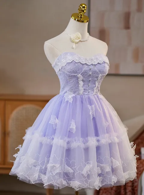 Sweet Strapless A-Line Tulle Lace Short Prom Dresses, Purple Homecoming Dresses HZ1121