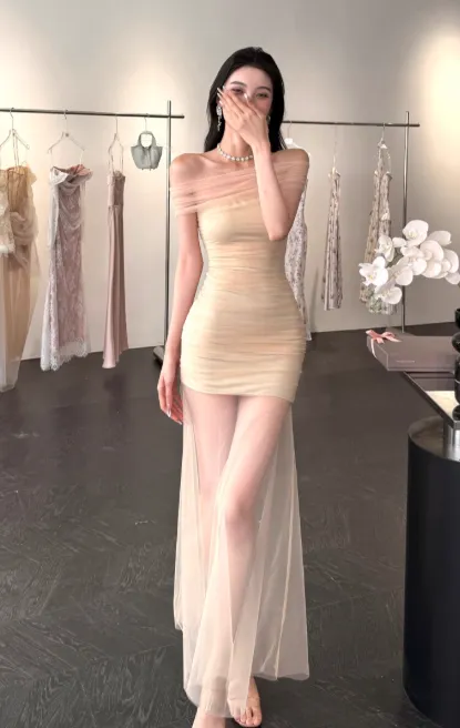 Sexy Off-the-shoulder Sheath Tulle Long Prom Dresses, Light Champagne Formal Evening Dresses HZ1121