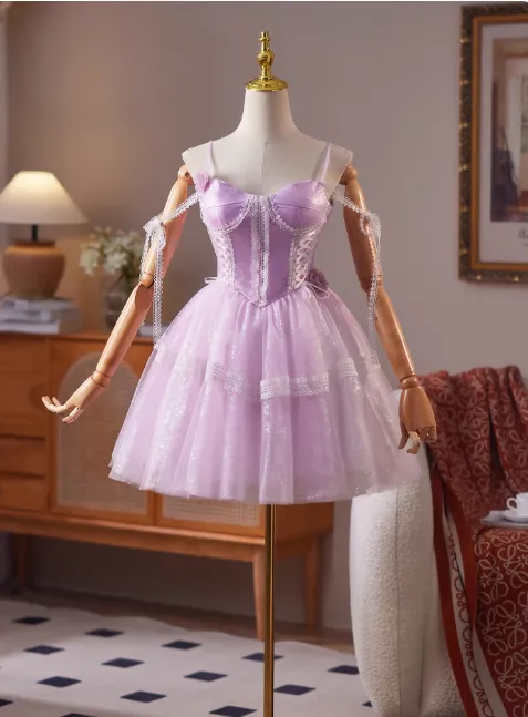 Gorgeous Spaghetti Strap A-Line Tulle Short Prom Dresses, Purple Homecoming Dresses HZ1121