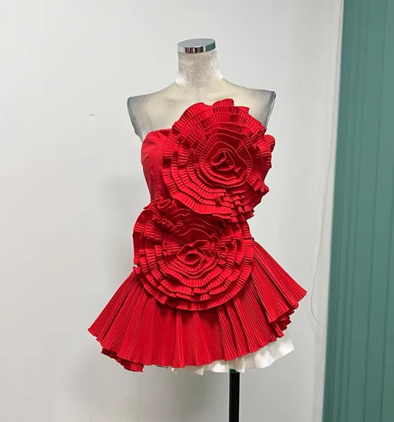 Gorgeous Strapless Sheath Two-Piece Short Prom Dresses, Red Pleated Homecoming Dresses HZ1121
