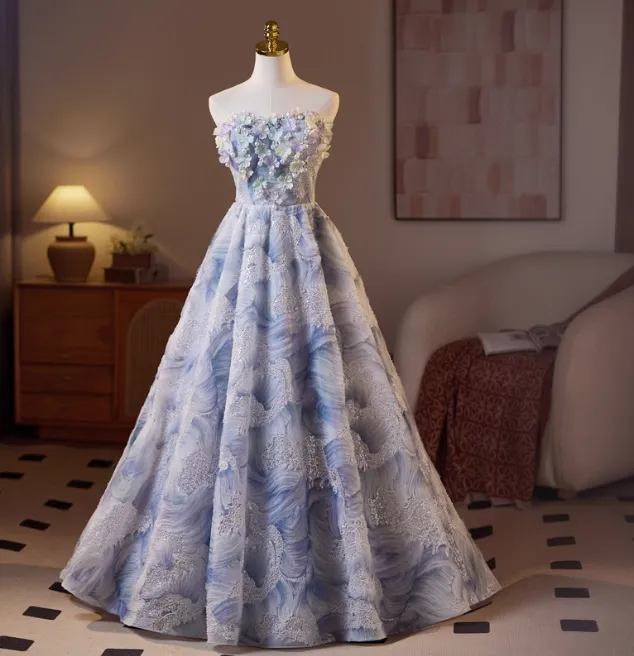 Sweet Strapless A-Line Long Prom Dresses, blue Formal Evening Dresses HZ1121