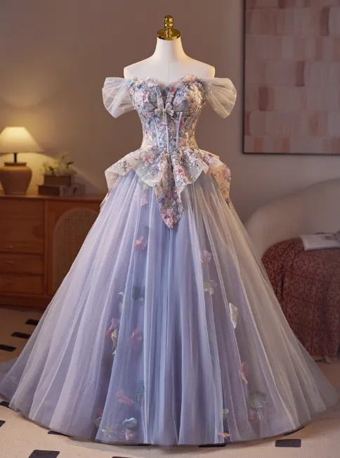 Sweet Off-shoulder A-Line Tulle Appliqued Long Prom Dresses???PurpleFormal Evening Dresses HZ1121