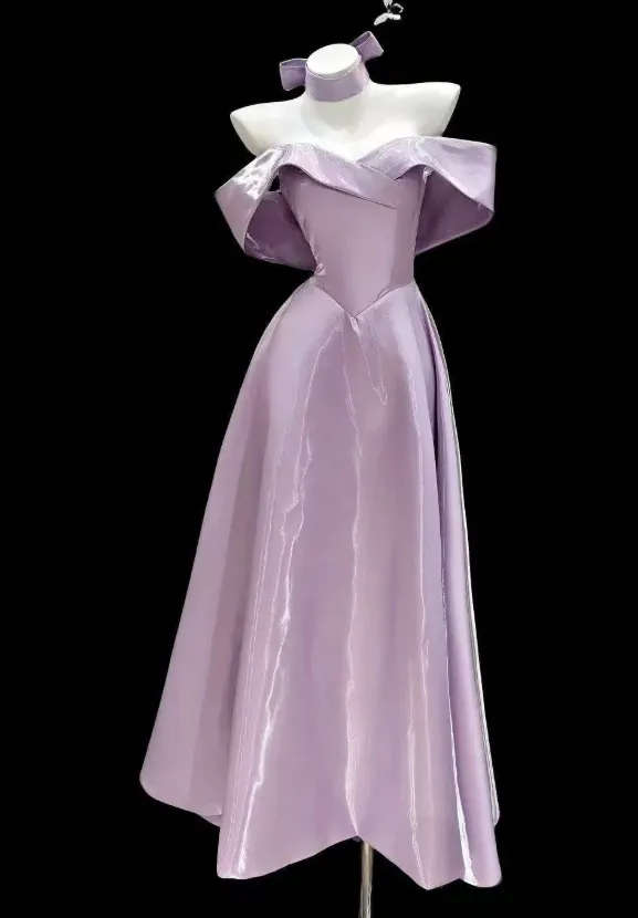 Elegant Off-shoulder A-Line Satin Prom Dresses, Purple Formal Evening Dresses HZ1121