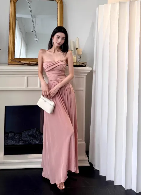 Elegant Strapless Sheath Chiffon Long Evening Dresses, Dusty Pink Formal Dresses HZ1121