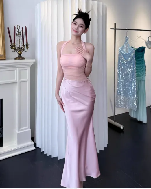 Elegant Halter Sheath Satin Long Evening Dresses, Pink Formal Dresses HZ1121