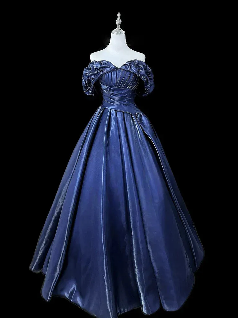 Gorgeous A-Line Off Shoulder Satin Dark Blue Long Prom Dress, Dark Blue Long Formal Dress HZ1121
