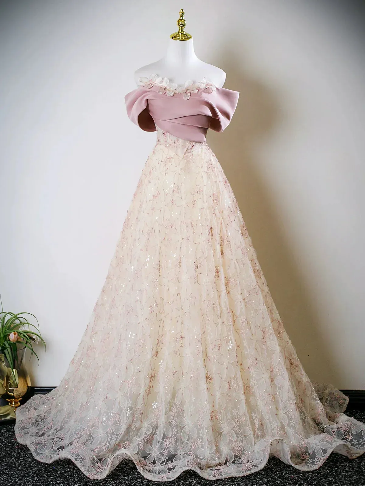 Cute A-Line Off Shoulder Tulle Lace Champagne Long Prom Dress, Champagne Sweet 16 Dress HZ1121