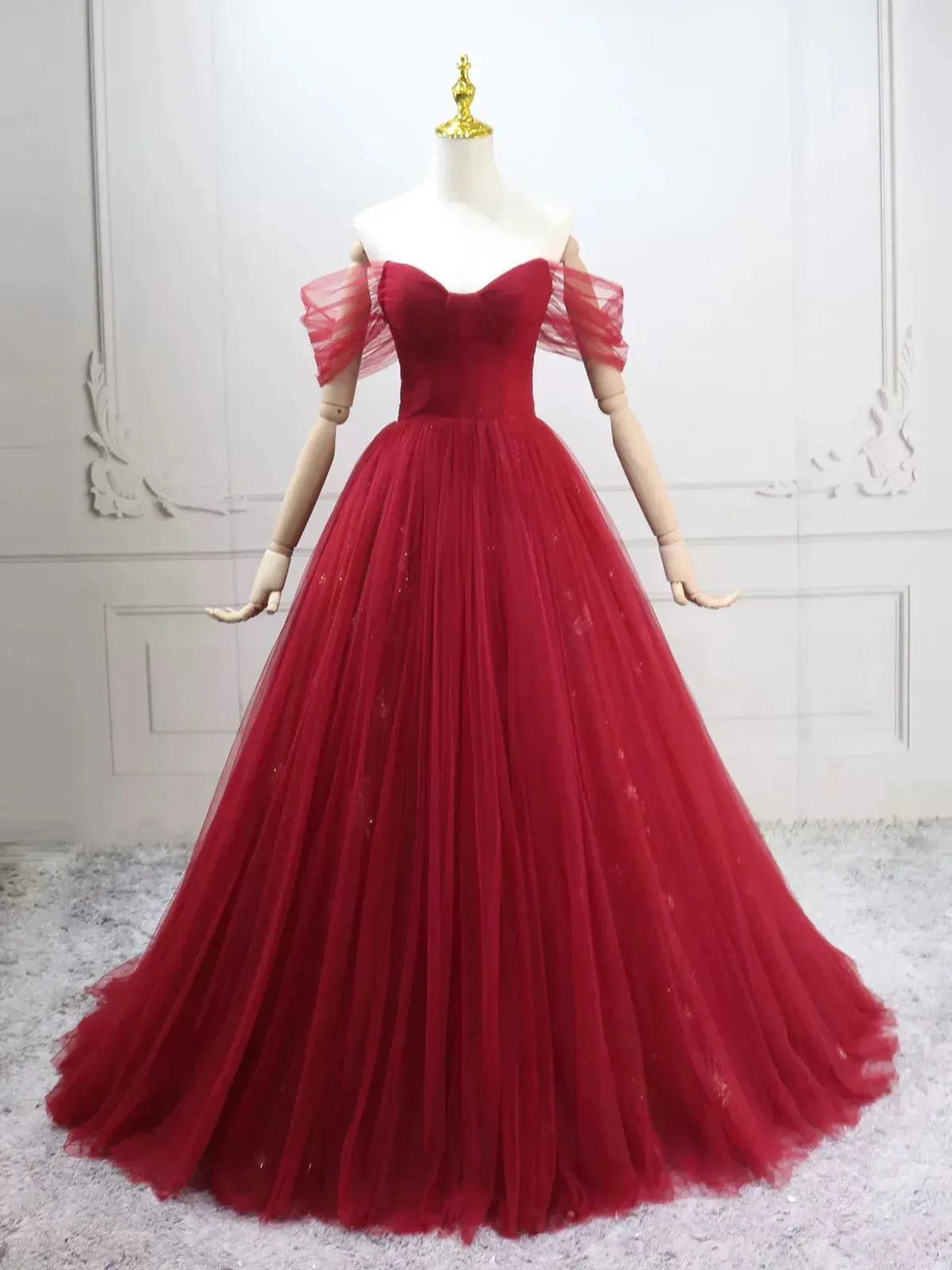 Elegant Off-Shoulder A-Line Tulle Long Prom Dresses, Burgundy Formal Evening Dresses HZ1121