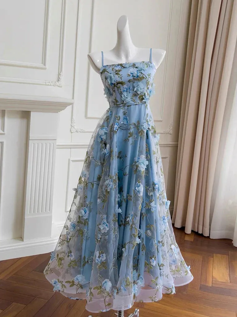 Cute Spaghetti Straps A-Line Tulle Floral Long Prom Dresses, Sky Blue Formal Evening Dresses HZ1121