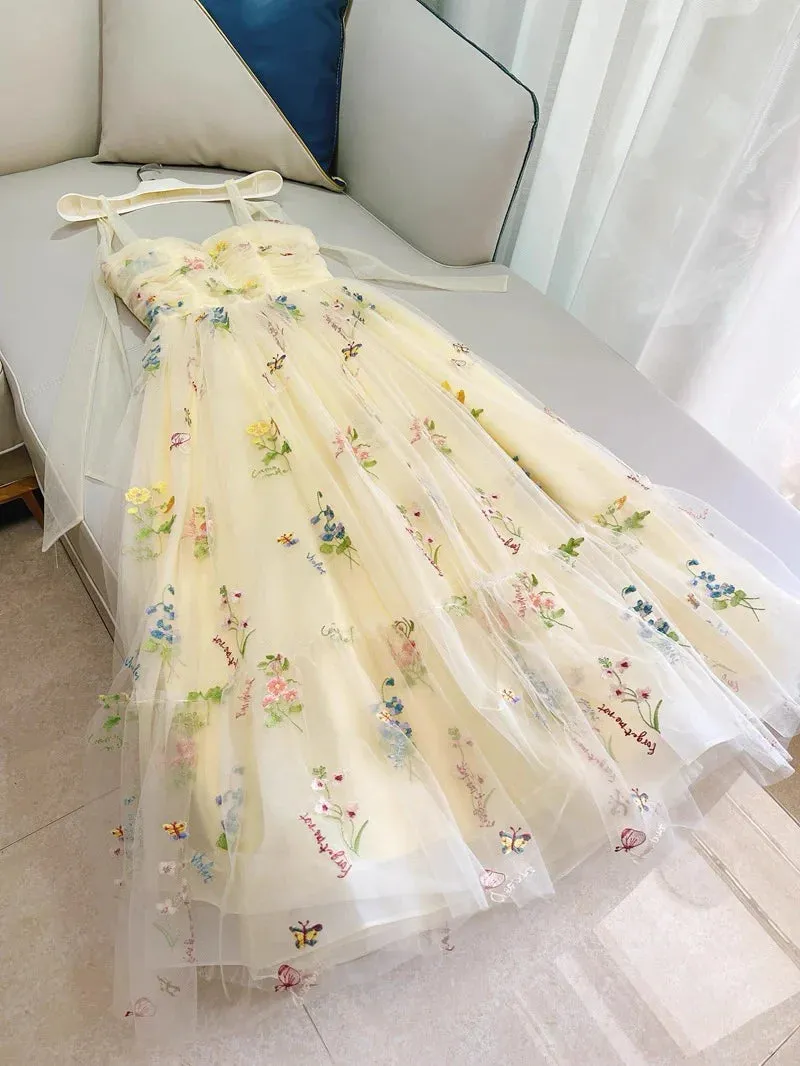 Cute Straps A-Line Tulle Floral Long Prom Dresses, Pale Yellow Formal Evening Dresses HZ1121