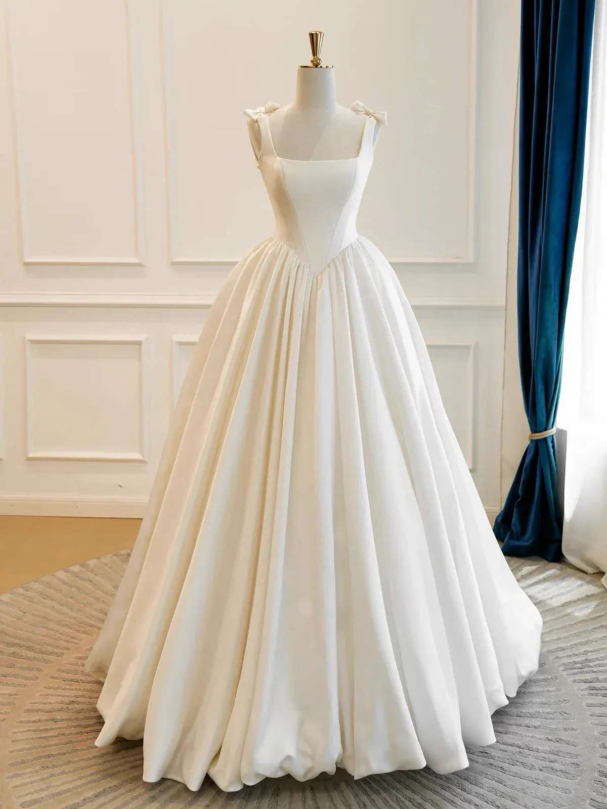 Modest Square Neck A-Line Satin Wedding Dresses Simple Bridal Gowns HZ1121