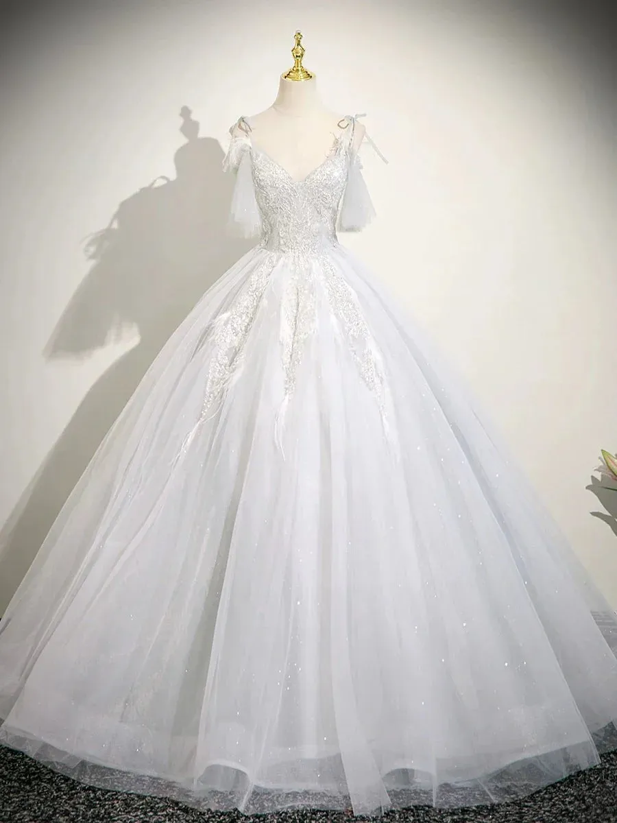 Cute V neck A-Line Tulle Long Prom Dresses, White Sweet 16 Dresses HZ1121